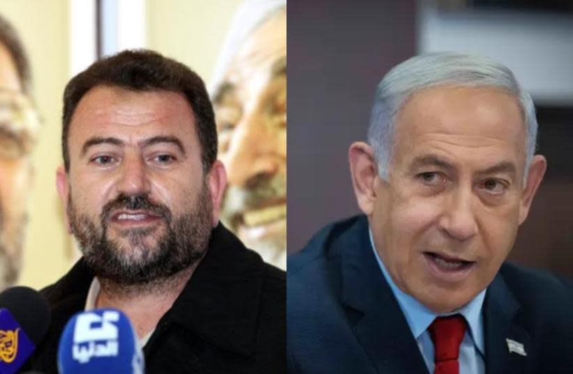  Hamas leader Saleh Al-Arouri (left) and Israeli Prime Minister Benjamin Netanyahu. (right) (photo credit:  YONATAN SINDEL/FLASH90 and ARAB MEDIA)