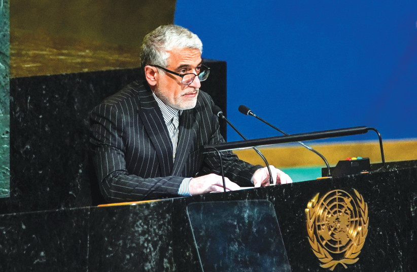  IRAN’S UN Ambassador Amir Saeid Iravani addresses the General Assembly last year. There has always been communication between the US and Iran, despite both sides officially denying it, especially the US, says the writer.  (photo credit: EDUARDO MUNOZ / REUTERS)