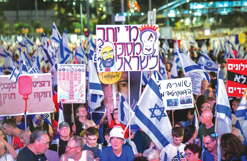 A PROTEST against judicial reform takes place in Tel Aviv, this past Saturday night. It has become increasingly clear that for those demonstrating against judicial reform, the real issue is an existential, not a political one, says the writer. (photo credit: AVSHALOM SASSONI/FLASH90)