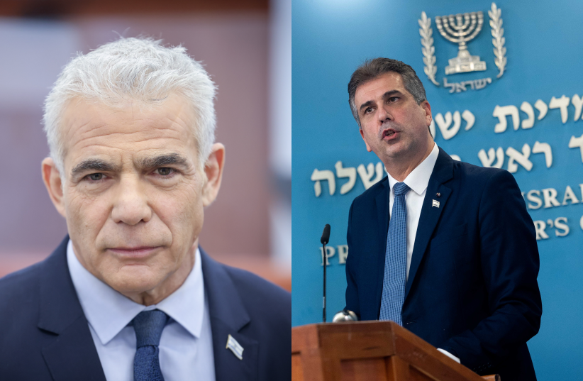 (L-R) Opposition head Yair Lapid; Foreign Minister Eli Cohen (photo credit: YONATAN SINDEL/FLASH90)