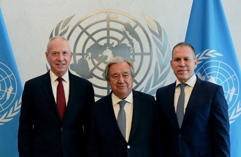 From left to right: Defense Minister Yoav Gallant, UN Secretary-General Antonio Guterres, and Israeli ambassador to the UN Gilad Erdan.  (photo credit: ARIEL HERMONI/MOD)
