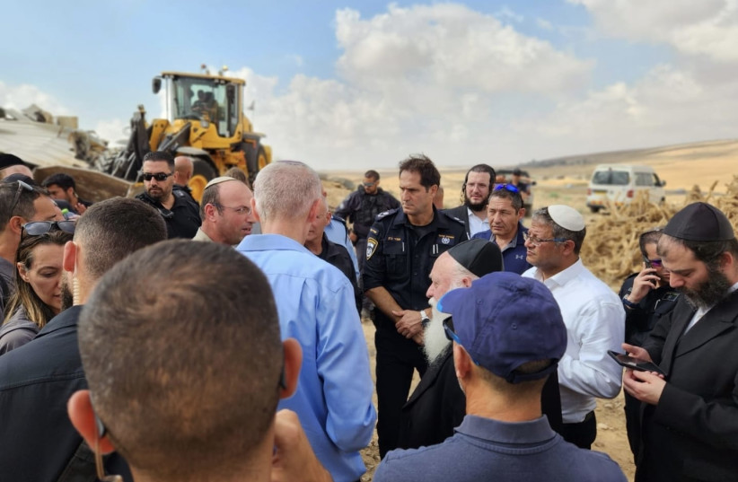  National Security Minister Itamar Ben-Gvir and Housing Minister Yitzhak Goldknopf watch Bedouin homes being demolished. August 29, 2023 (photo credit: National Security Ministry)