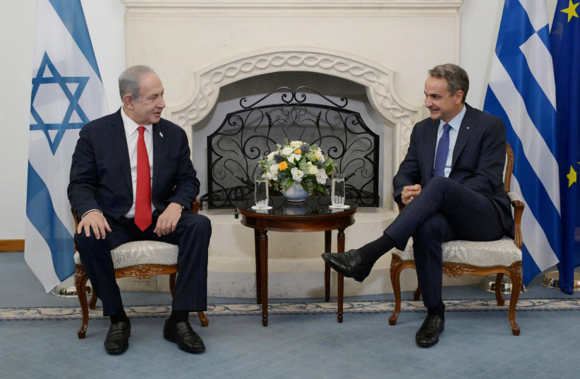  Prime Minister Benjamin Netanyahu meeting with Greek counterpart Kyriakos Mitsotakis in Nicosia on September 4, 2023 (photo credit: AMOS BEN-GERSHOM/GPO)