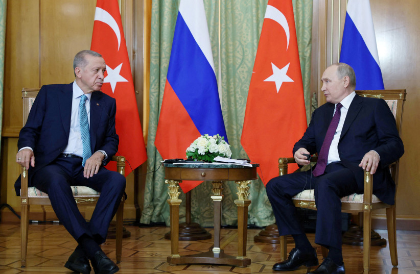  Russian President Vladimir Putin meets with Turkish President Tayyip Erdogan in Sochi, Russia, September 4, 2023.  (photo credit: MURAT CETINMUHURDAR/PPO/HANDOUT VIA REUTERS)