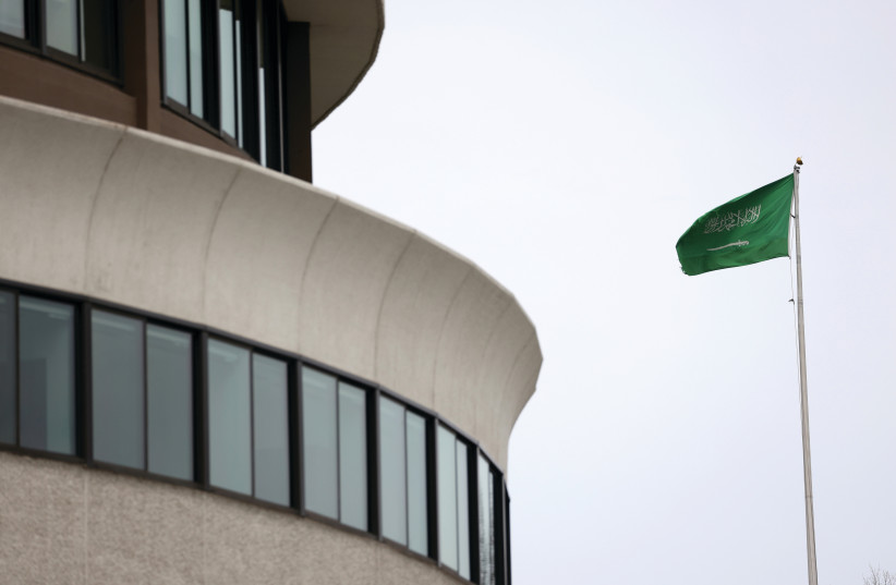  THE FLAG of Saudi Arabia flies at the Saudi Embassy in Washington. (photo credit: TOM BRENNER/REUTERS)