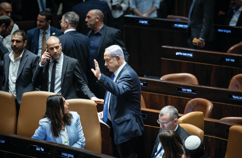  PRIME MINISTER Benjamin Netanyahu gestures in the Knesset plenum on July 24, as the reasonableness bill was being passed. (photo credit: YONATAN SINDEL/FLASH90)