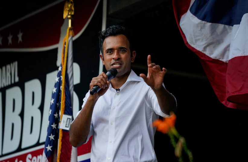 Republican presidential candidate and former biotech executive Vivek Ramaswamy speaks during the annual Labor Day Picnic hosted by the Salem Republican Town Committee in Salem, New Hampshire, U.S., September 4, 2023.  (photo credit: REUTERS/ELIZABETH FRANTZ)