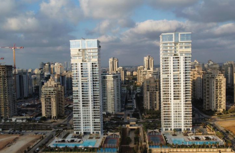  BRIGA TOWERS, aerial view, as seen from beach, with Ir Yamim skyline in background. (photo credit: LEV SAMUELS)