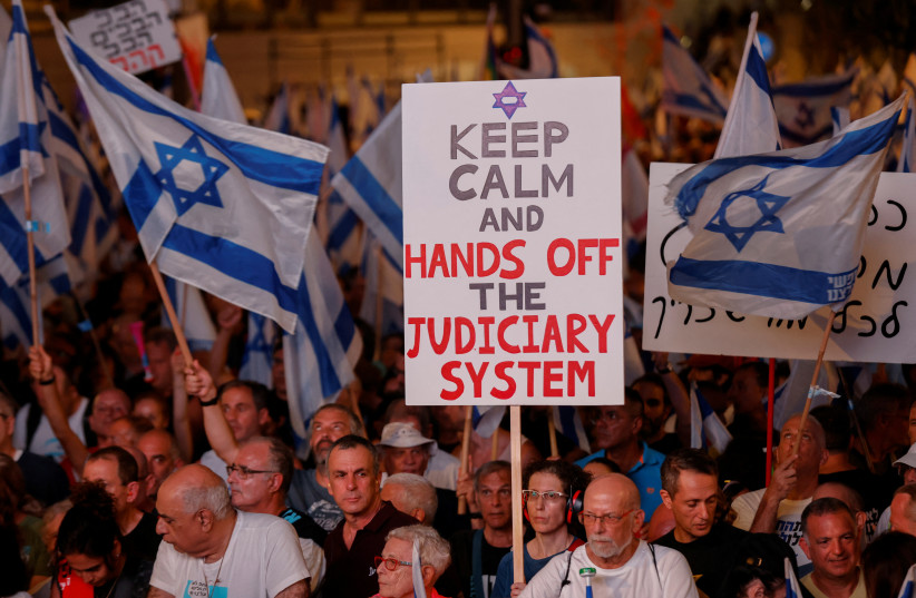  A DEMONSTRATION in Tel Aviv against the government’s judicial reform plans last weekend.  (photo credit: AMIR COHEN/REUTERS)
