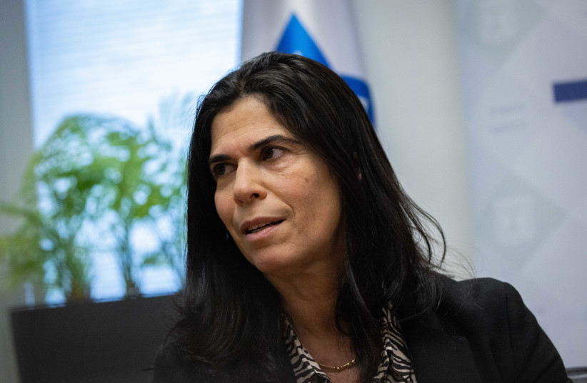  Yael Arad speaks during a press conference at the Ministry of Finance offices in Jerusalem, February 23, 2022.  (photo credit: YONATAN SINDEL/FLASH 90)