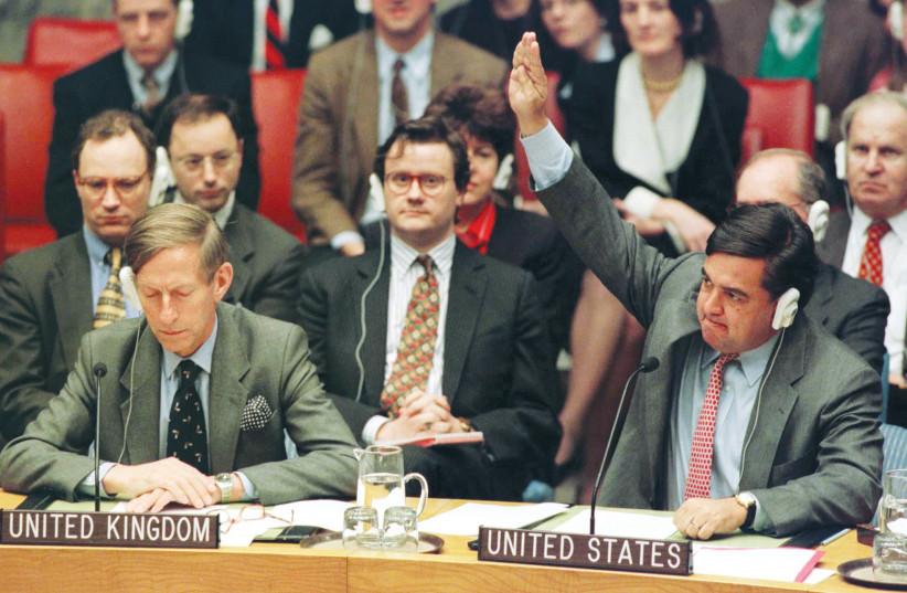  THEN-US AMBASSADOR to the UN Bill Richardson vetoes a Security Council resolution which called on Israel to abandon plans to build a new Jewish neighborhood, Har Homa, in east Jerusalem, in 1997. Only the US voted against the resolution. (photo credit: REUTERS)