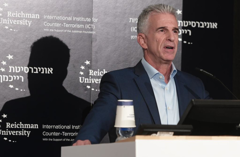  Mossad Director David Barnea giving a speech to the anti-terrorism institute at Reichman University, September 10, 2023. (photo credit: AVSHALOM SASSONI/MAARIV)