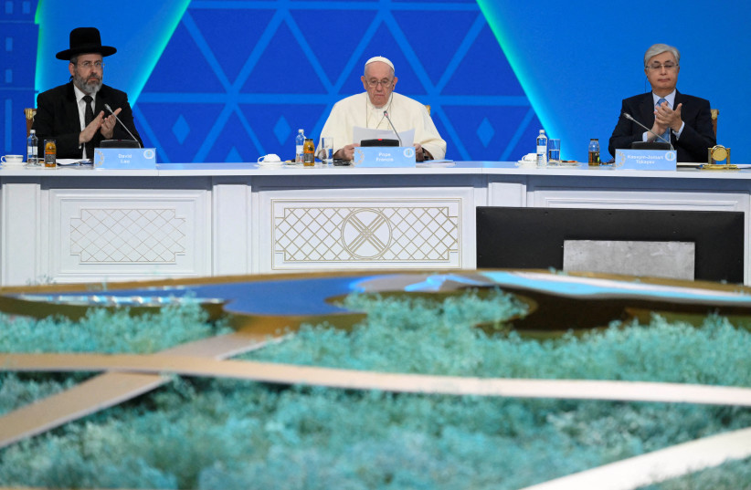  Pope Francis attends the conclusion of the VII Congress of Leaders of World and Traditional Religions, at the Palace of Independence in Nur-Sultan, Kazakhstan September 15, 2022 (photo credit: VATICAN MEDIA/HANDOUT VIA REUTERS)