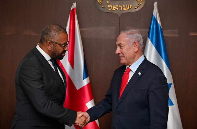 British Foreign Secretary James Cleverly and Israeli Prime Minister Benjamin Netanyahu shake hands, September, 2023. (photo credit: KOBI GIDEON/GPO)