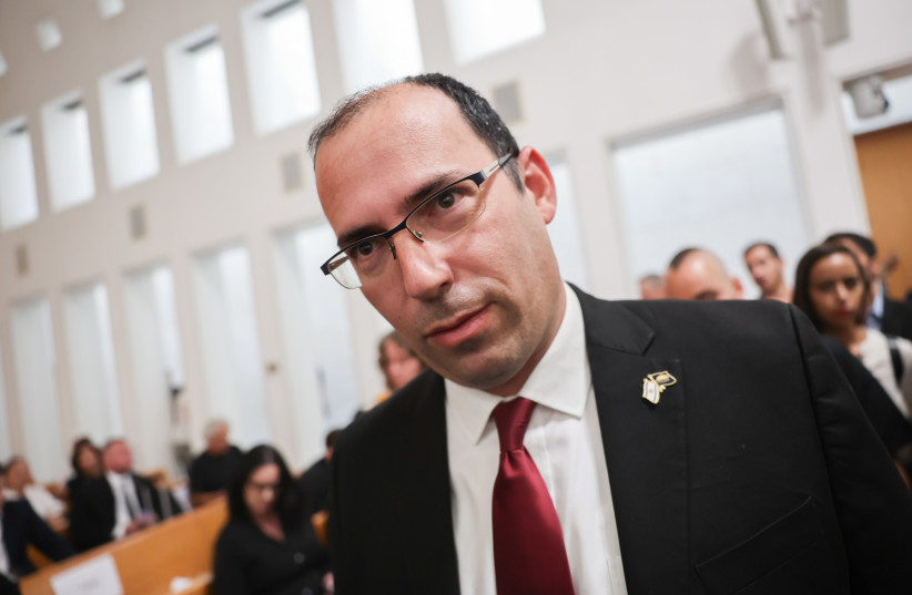  MK Simcha Rothman seen at the High Court hearing of the government's judicial reform reasonableness bill on September 12, 2023 (photo credit: YONATAN SINDEL/FLASH90)