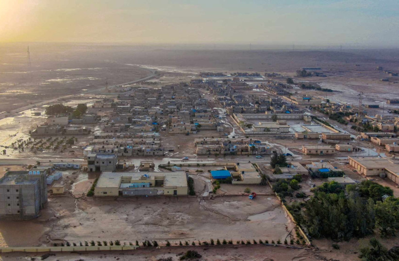  General view of flood water covering the area as a powerful storm and heavy rainfall hit Al-Mukhaili, Libya September 11, 2023, in this handout picture. (photo credit: Libya Al-Hadath/Handout via REUTERS)