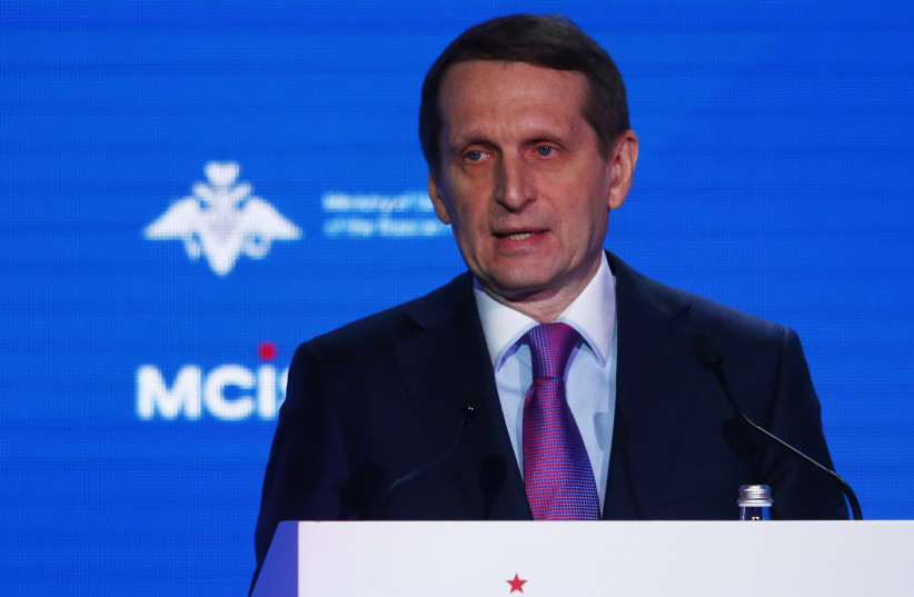  Sergey Naryshkin, the head of Russia’s foreign intelligence agency, delivers a speech during the annual Moscow Conference on International Security (MCIS) in Moscow, Russia April 4, 2018.  (photo credit: SERGEI KARPUKHIN/REUTERS)