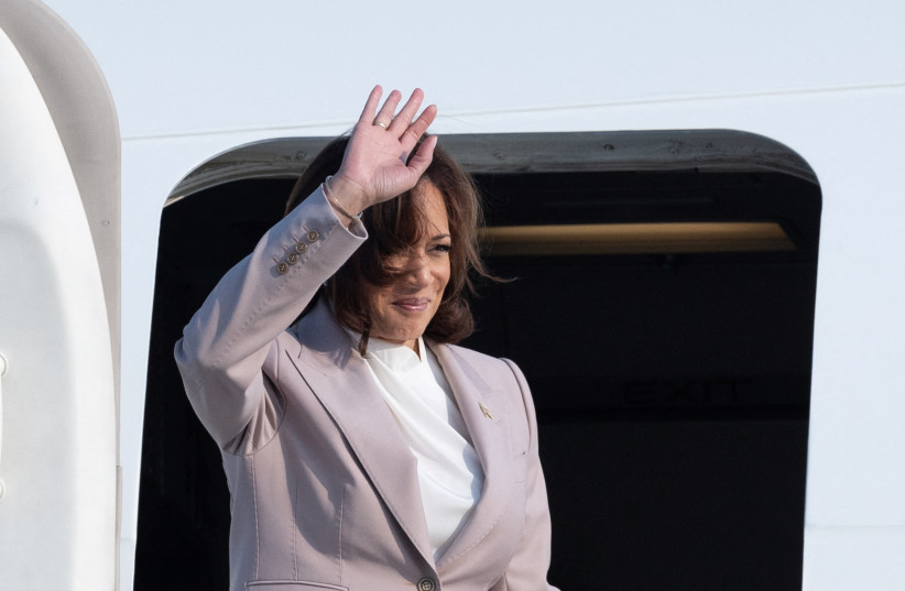  U.S. Vice President Kamala Harris gestures as she boards Air Force Two after attending the 43rd ASEAN Summit at the Soekarno-Hatta International Airport in Tangerang, Indonesia on September 7, 2023.  (photo credit: Yasuyoshi Chiba/Pool via REUTERS)