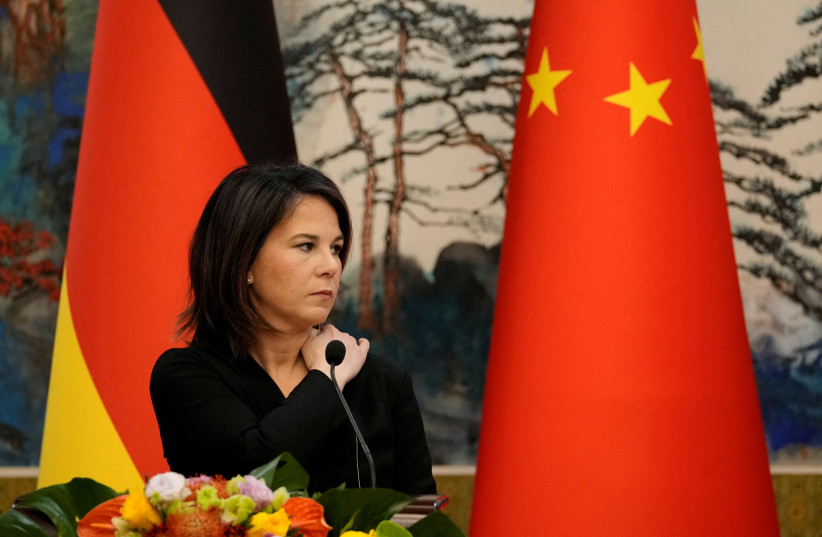  German Foreign Minister Annalena Baerbock attends a joint press conference with Chinese Foreign Minister Qin Gang (not pictured) at the Diaoyutai State Guesthouse in Beijing, China, April 14, 2023. (photo credit: SUO TAKEKUMA/POOL VIA REUTERS)