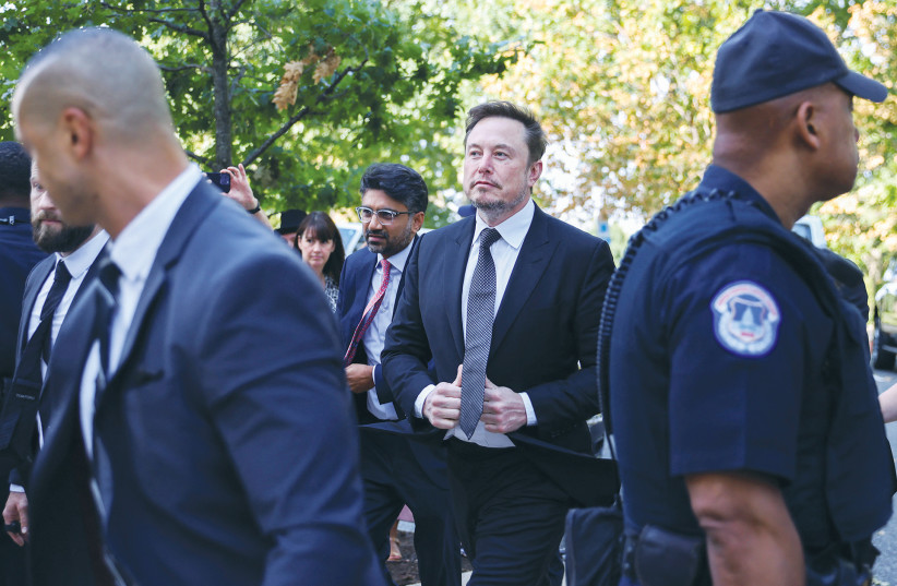  TESLA CEO Elon Musk arrives for a bipartisan Artificial Intelligence Insight Forum for US senators hosted by Senate Majority Leader Chuck Schumer at the Capitol in Washington, last week (photo credit: Julia Nikhinson/Reuters)