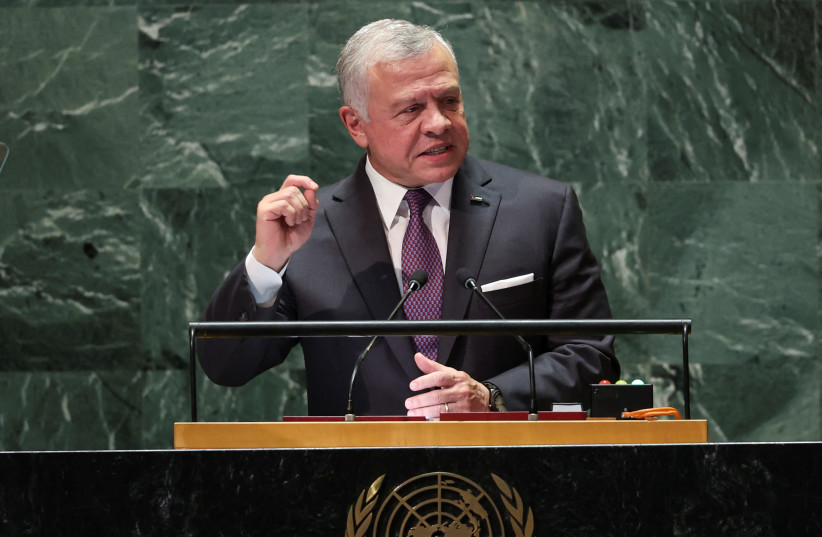  Jordan's King Abdullah II addresses the 78th Session of the UN General Assembly in New York City, US, September 19, 2023. (photo credit: BRENDAN MCDERMID/REUTERS)