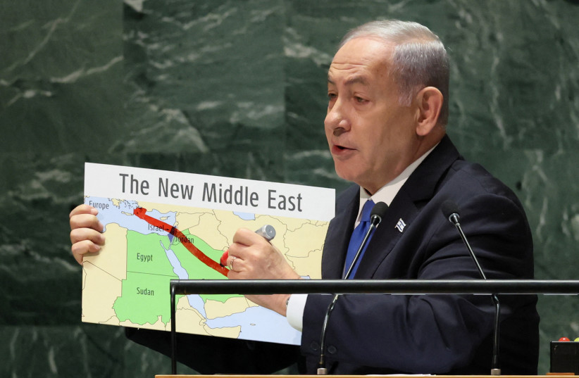 Prime Minister Benjamin Netanyahu addresses the 78th United Nations General Assembly at UN headquarters in New York City, New York, US, September 22, 2023 (photo credit: REUTERS/BRENDAN MCDERMID)