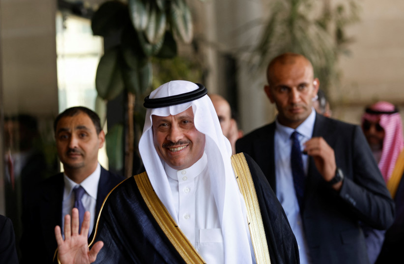  Saudi ambassador Nayef al-Sudairi gestures as he visits Ramallah in the West Bank September 26, 2023. (photo credit: REUTERS/Mohammed Torokman)