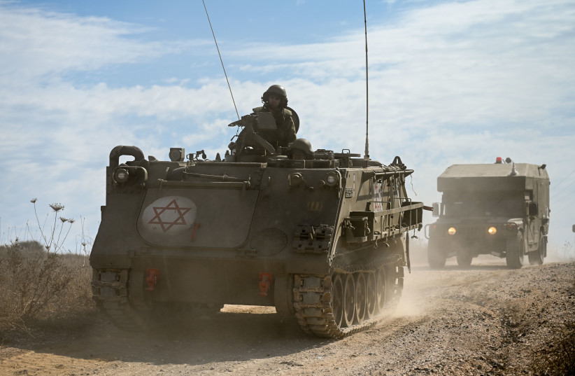  IDF armored and infantry reserve units in military training in Golan Heights before heading South to the Gaza Strip, northern Golan Heights on October 8, 2023 (photo credit: MICHAEL GILADI/FLASH90)