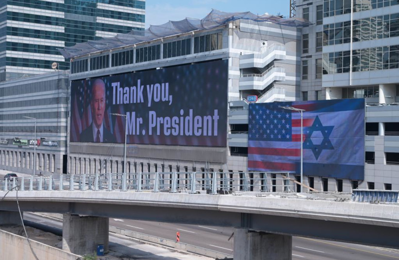  A billboard in support of US President Joe Biden seen in Israel, October 11, 2023 (photo credit: AVSHALOM SASSONI/MAARIV)