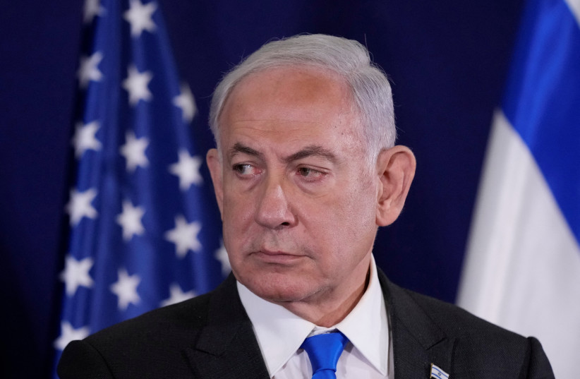  Prime Minister Benjamin Netanyahu in Tel Aviv, Israel, Thursday October 12, 2023 (photo credit: JACQUELYN MARTIN/POOL/REUTERS)