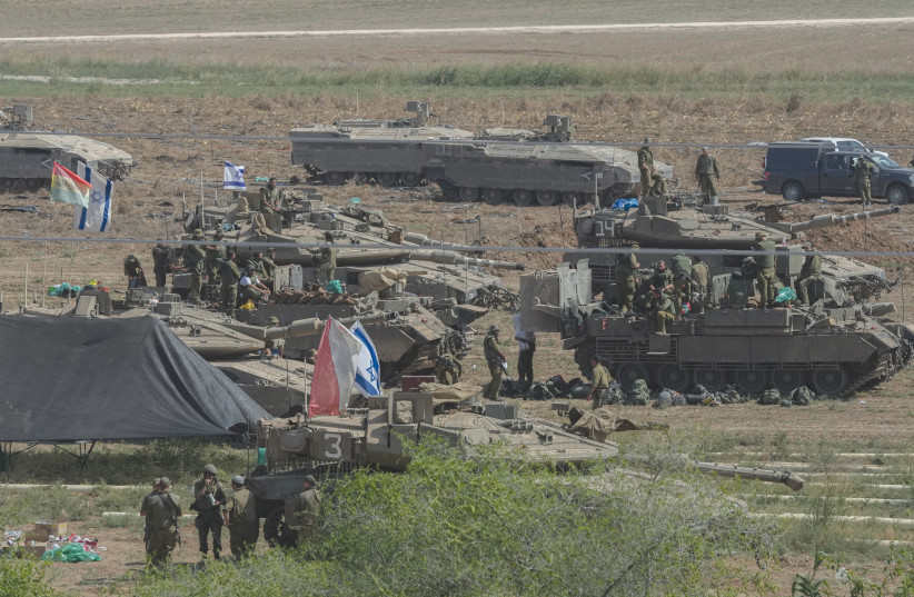 AN IDF staging area near the border with Gaza, on Saturday, October 14, 2023. (photo credit: ERIC MARMOR/FLASH90)