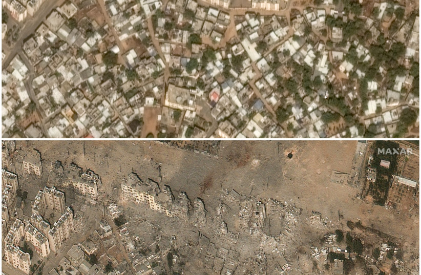  A combination picture shows the Palestinian city of Beit Hanoun before and after damage caused by the ongoing conflict between Israel and Hamas, northern Gaza Strip, October 10, 2023 and October 21, 2023.  (photo credit: MAXAR TECHNOLOGIES/HANDOUT VIA REUTERS)