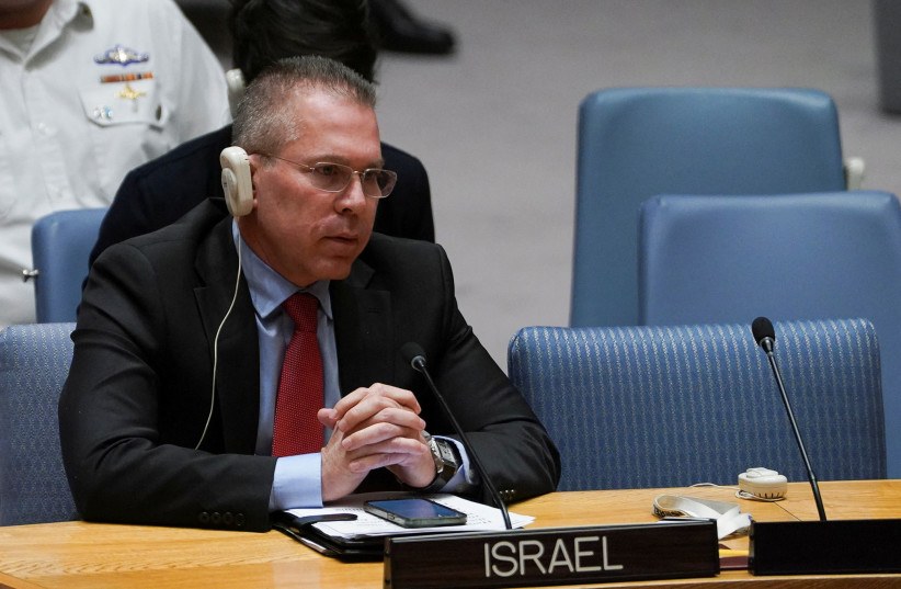  Israel's Ambassador to the United Nations Gilad Erdan attends a meeting of the Security Council on the conflict between Israel and Hamas, at U.N. headquarters in New York, U.S., October 25, 2023 (photo credit: REUTERS/David Dee Delgado)