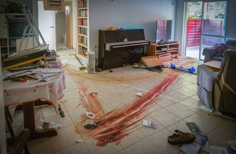   Blood in houses when Hamas terrorists infiltrated Kibbutz Be'eri, and 30 other stop by communities in Southern Israel on October 7, killing more than 1400 folk, and taking more than 200 hostages into Gaza, near the Israeli-Gaza border.  (photo credit: EDI ISRAEL/FLASH90)