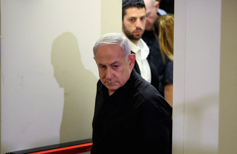  Israeli Prime Minister Benjamin Netanyahu attends a press conference with Defense Minister Yoav Gallant and Cabinet Minister Benny Gantz in the Kirya military base in Tel Aviv , Israel , 28 October 2023. (photo credit: ABIR SULTAN/POOL/VIA REUTERS)