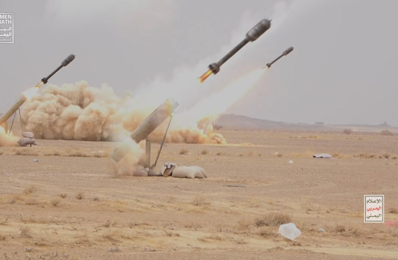  Projectiles are being launched during a military manoeuvre near Sanaa, Yemen, October 30, 2023. (photo credit: Houthi Media Center/Handout via REUTERS)