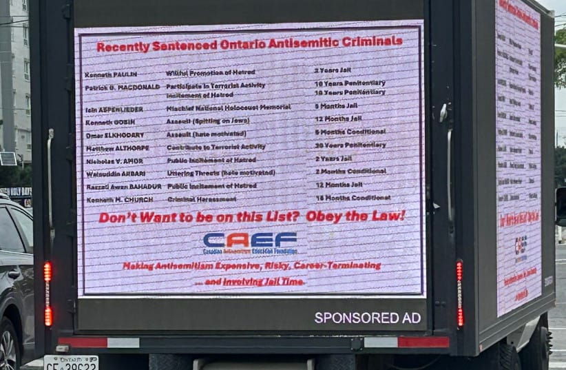 Billboard truck calls out antisemitism in neighborhoods targeted weekly by pro-Palestinian protesters on August 30, 2026.