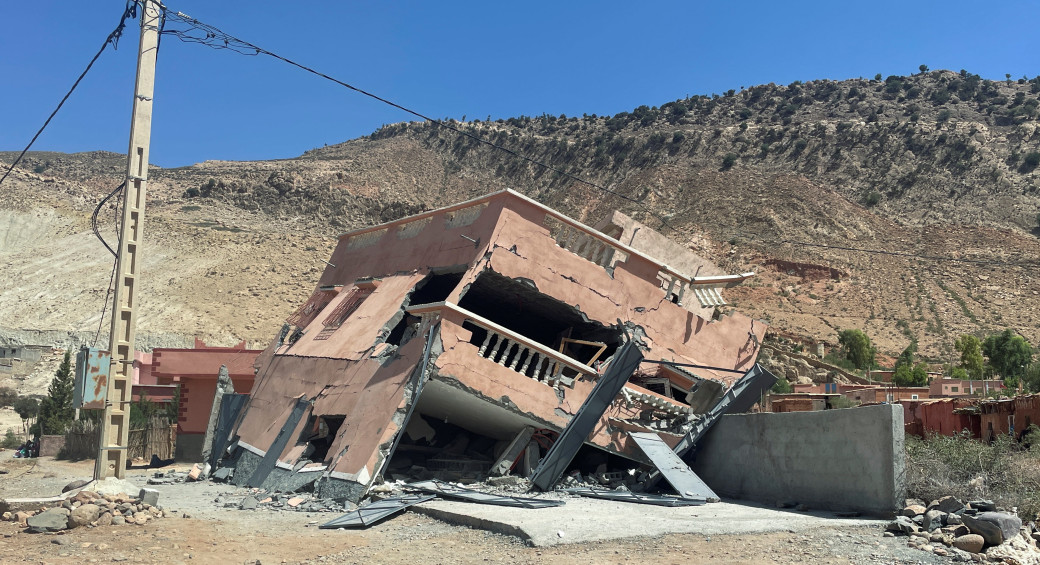 A view shows a damaged building on the road between Amizmiz and Ouirgane, following a powerful earthquake in Morocco, September 9, 2023.  (photo credit: REUTERS/Ahmed El Jechtimi)