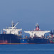  The Liberian-flagged oil tanker Ice Energy transfers crude oil from the Iranian-flagged oil tanker Lana (former Pegas), off the shore of Karystos, on the Island of Evia, Greece, May 26, 2022. 