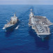  THE WORLD’S LARGEST aircraft carrier USS Gerald R. Ford steams alongside USNS Laramie (T-AO-203) during a fueling-at-sea in the eastern Mediterranean Sea