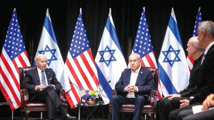  Joe Biden and Benjamin Netanyahu at the War Cabinet meeting in Jerusalem last October (credit: MIRIAM ALSTER/FLASH90)