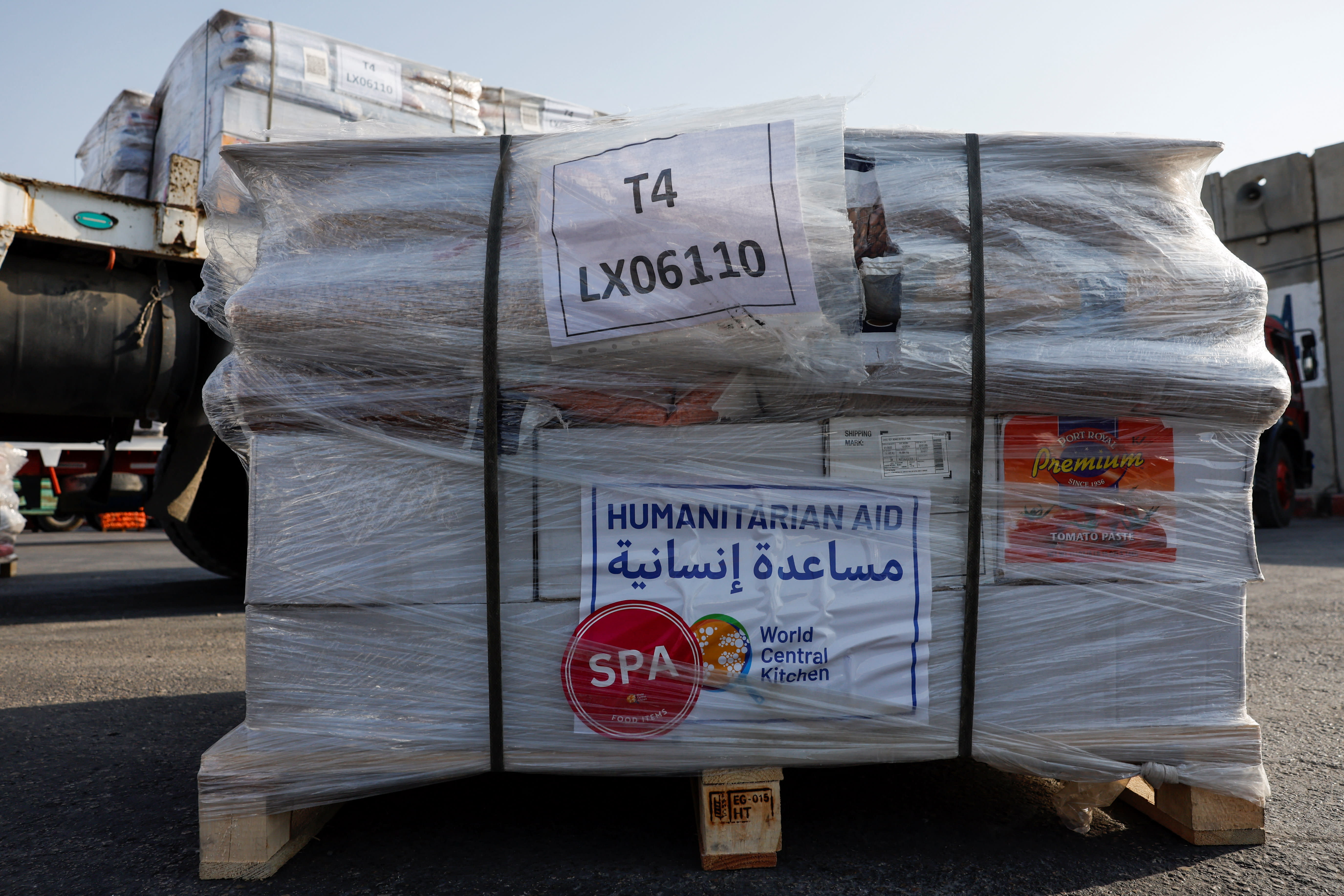 Humanitarian aid with the logo of World Central Kitchen (WCK) at the Kerem Shalom border crossing. May 1, 2024.