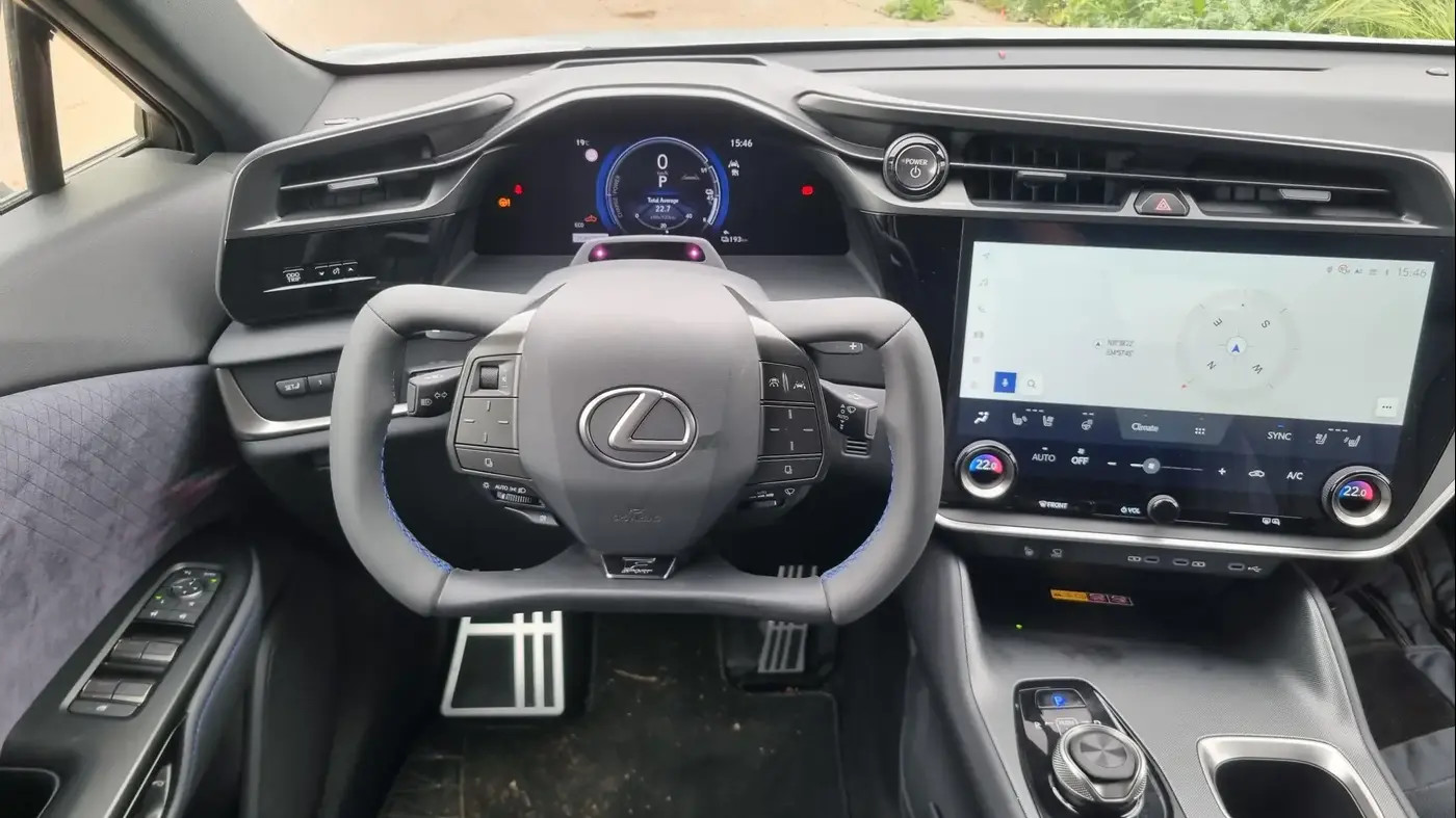 Aircraft-style steering wheel with no mechanical connection to the wheels. It takes time to get used to, but the execution is better than Tesla’s.