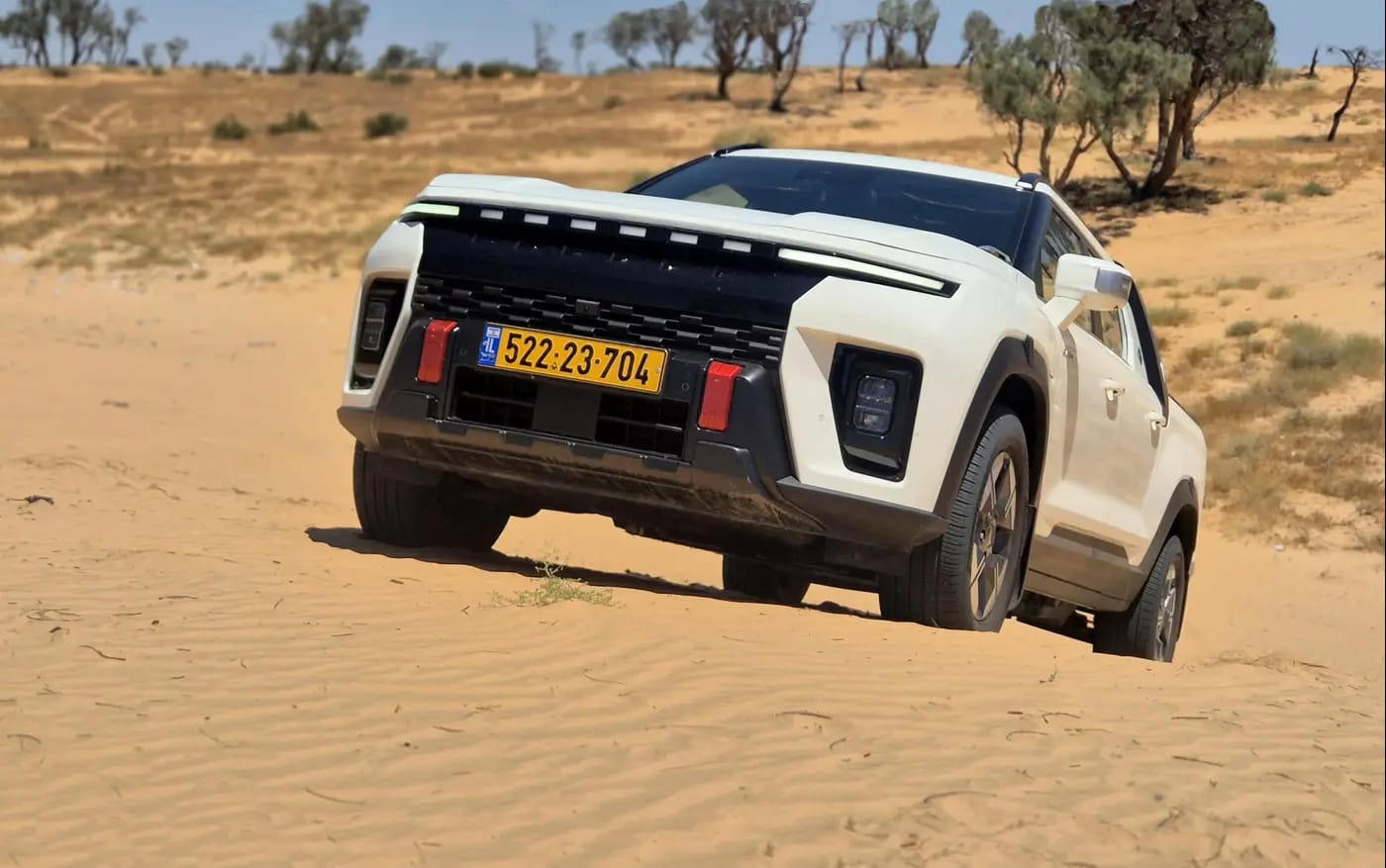 The front end is bold and even somewhat intimidating; the red plastic inserts cover towing attachment points, which are not suitable for off-road recovery.