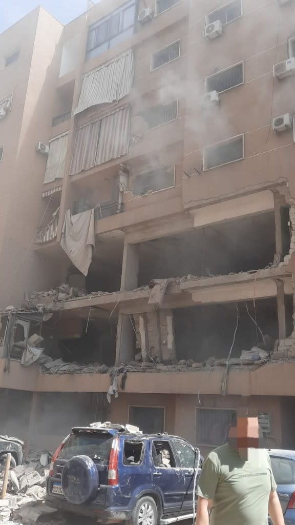 An apartment building that was hit during IDF strikes in Dahiyeh, Beirut, on June 7, 2026.
