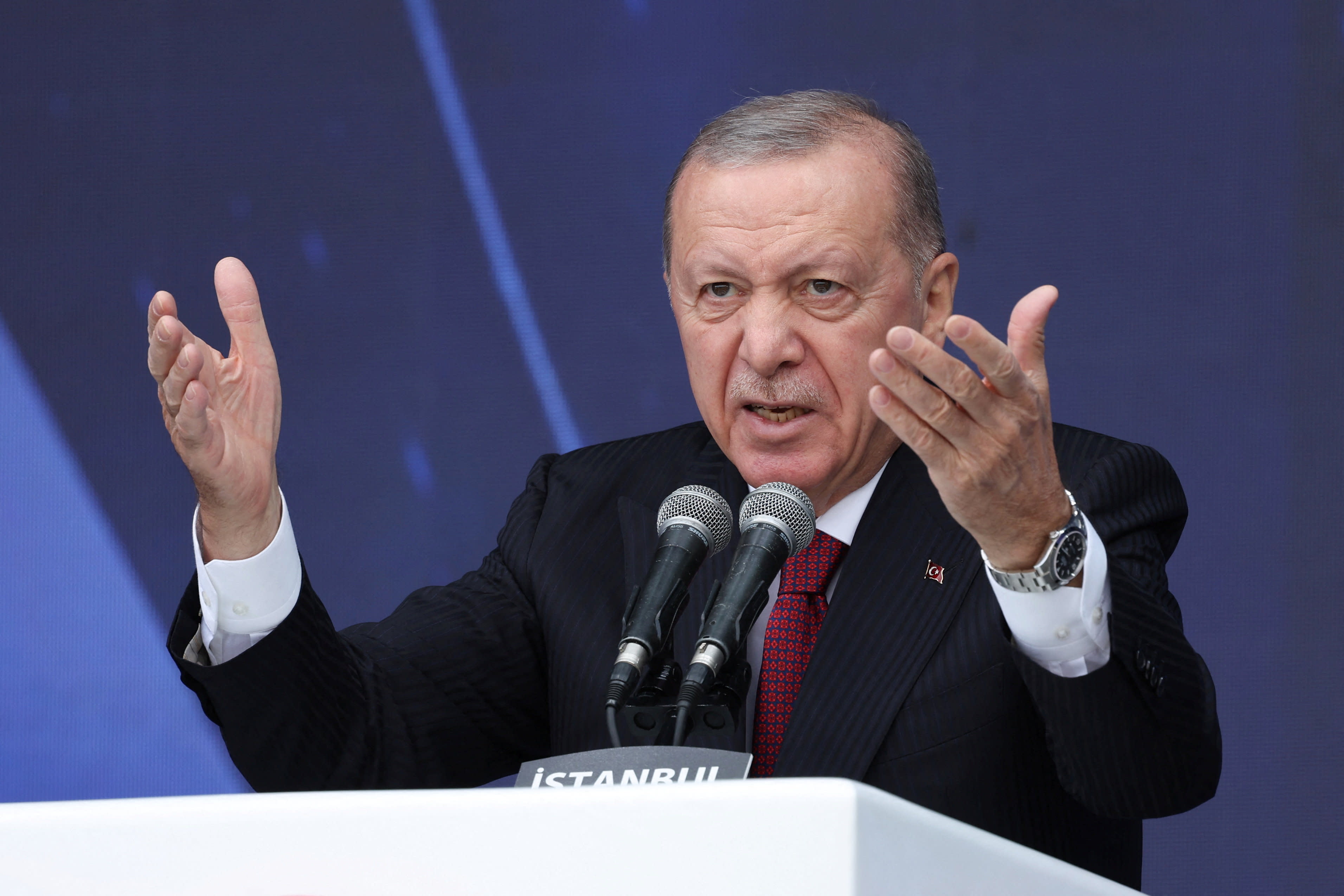 Turkish President Recep Tayyip Erdogan speaks during a ceremony for the handover of new vehicles to the gendarmerie and police forces in Istanbul, Turkey, November 28, 2025.