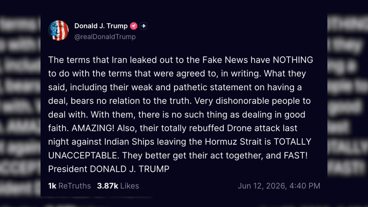 US President Donald Trump posts on Truth Social on June 12, 2026. (credit: SCREENSHOT/TRUTH SOCIAL)