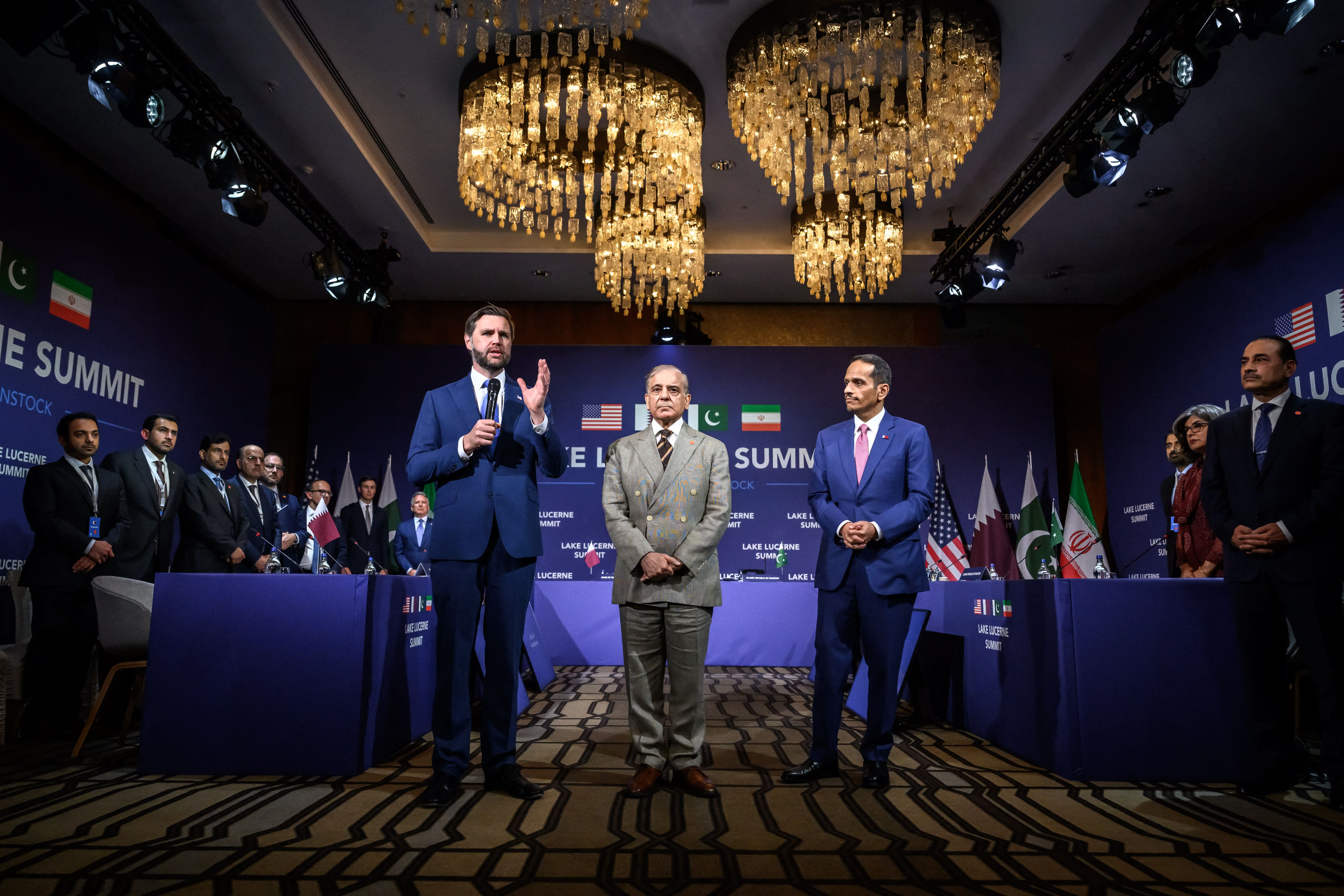 US Vice President JD Vance (L) speaks next to Pakistan's Prime Minister Shehbaz Sharif (C) and Qatar's Prime Minister and Minister for Foreign Affairs Sheikh Mohammed bin Abdulrahman bin Jassim Al Thani