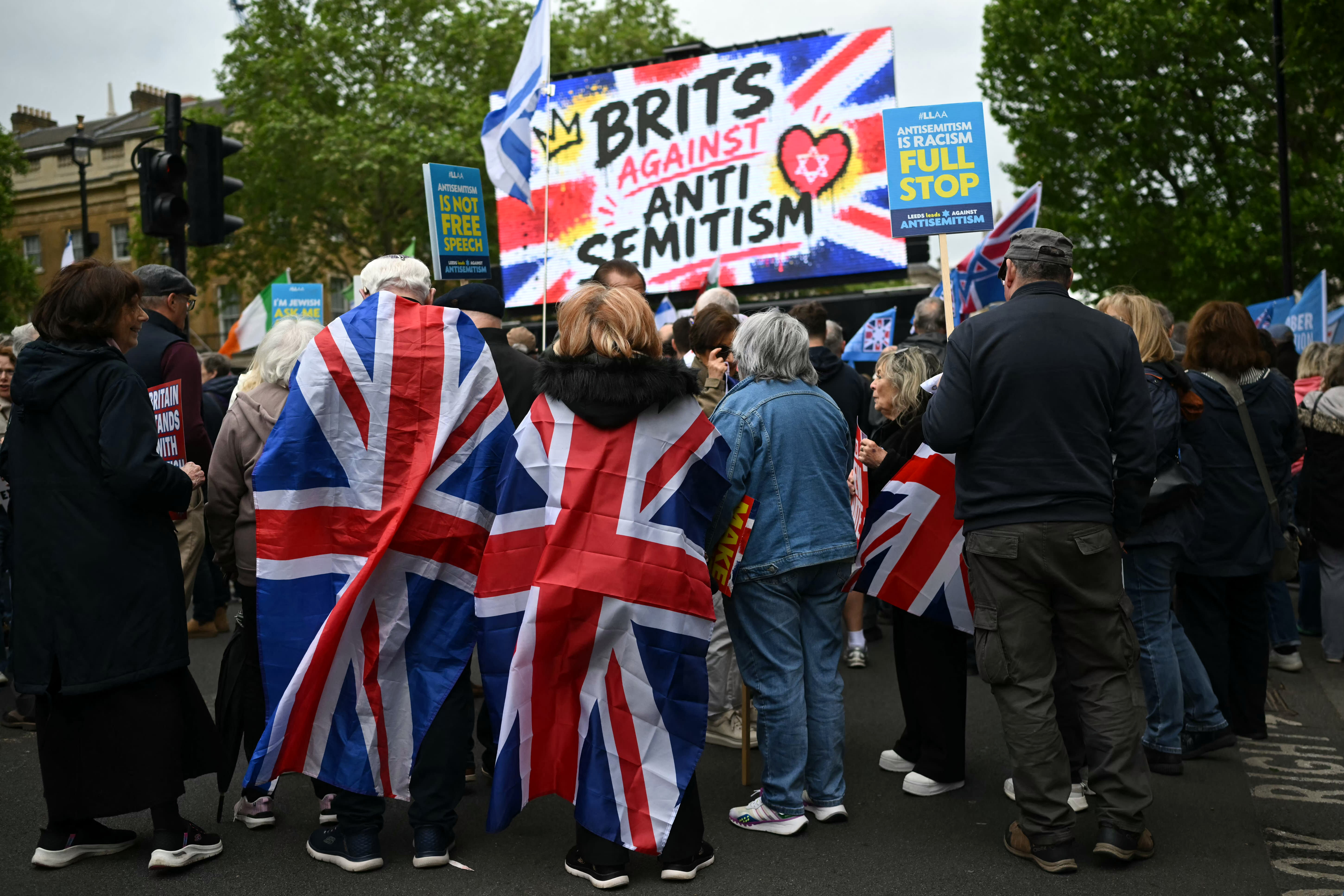 People attend a rally organised by the Campaign Against Antisemitism, opposite Downing Street in central London on May 10, 2026.