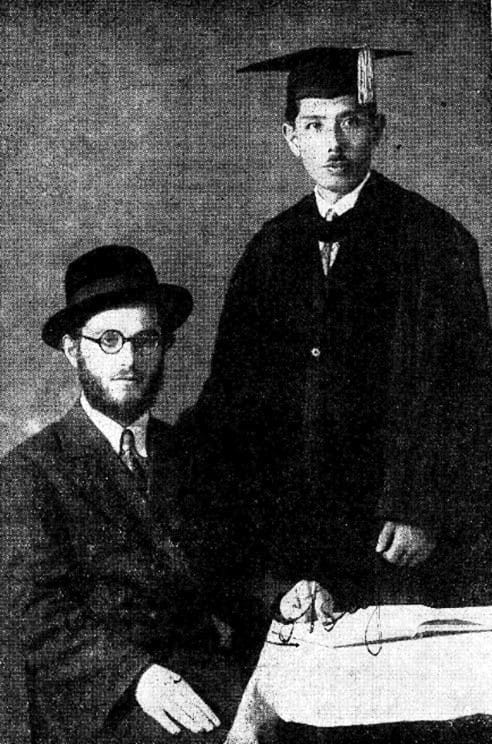 RABBI AVRAHAM MORDECHAI HERSHBERG (L) with Prof. Abram Kotsuji in Japan, late 1940s, after escaping from Vilna, Lithuania.